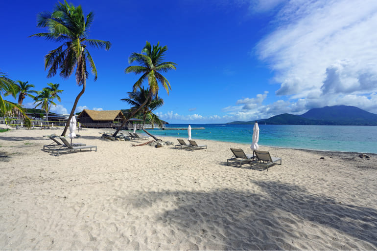 St. Kitts & Nevis beach with a blue sky and the Atlantic ocean