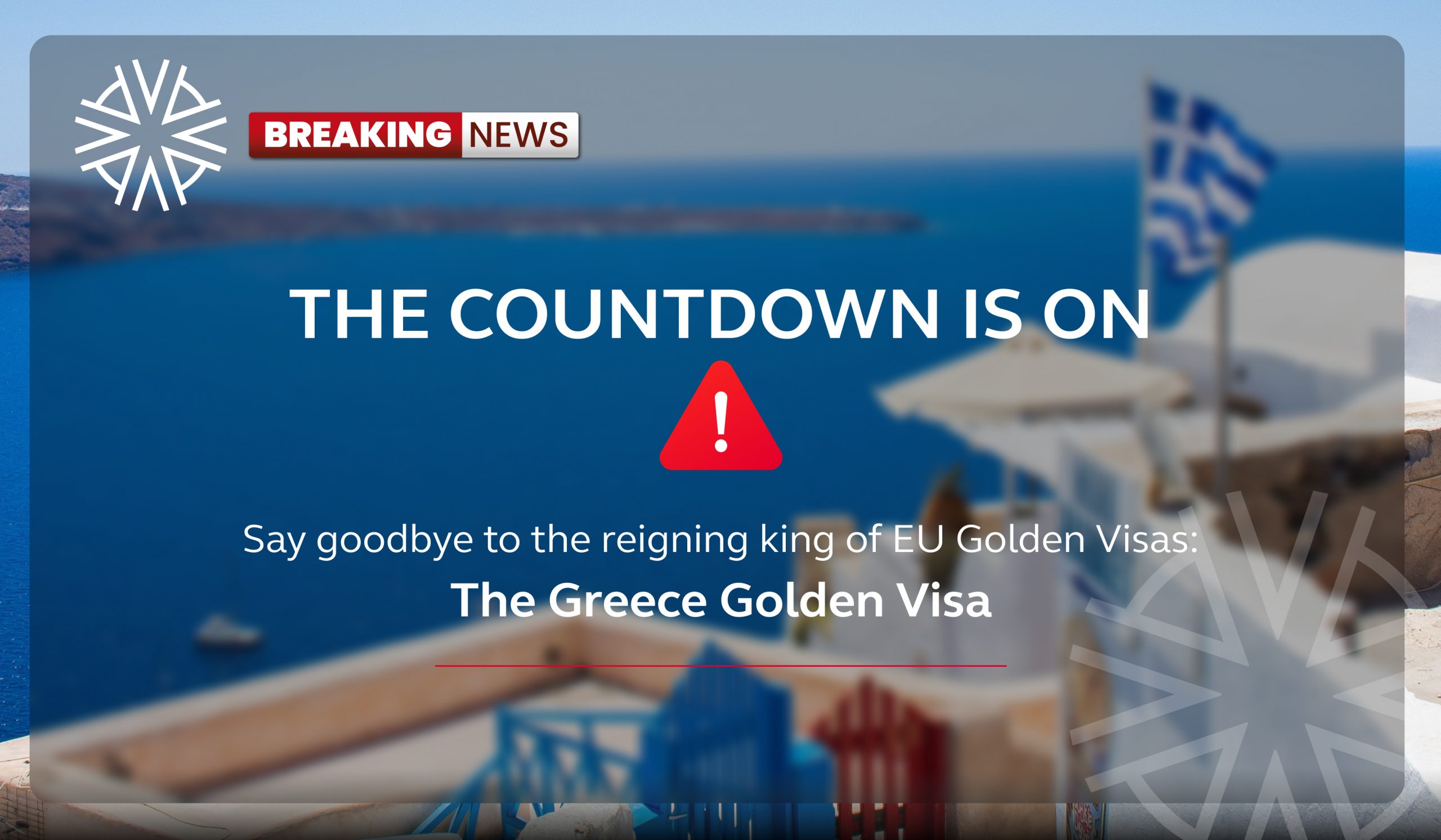 A picture of Greece and a beautiful coastal view advertising the Greek Golden Visa