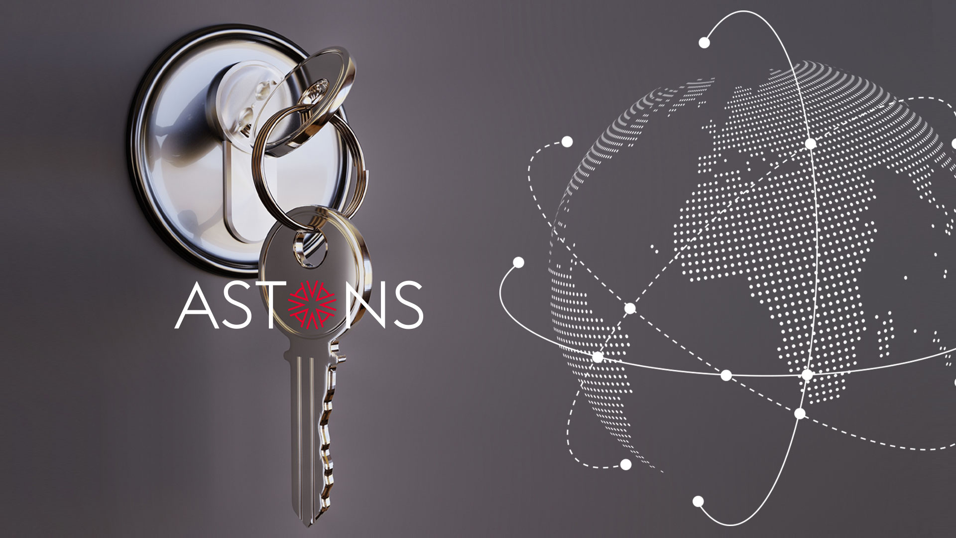 a silver key in a lock next to an abstract image of the globe with the Astons logo designed to symbolize the benefits of being a dual citizens