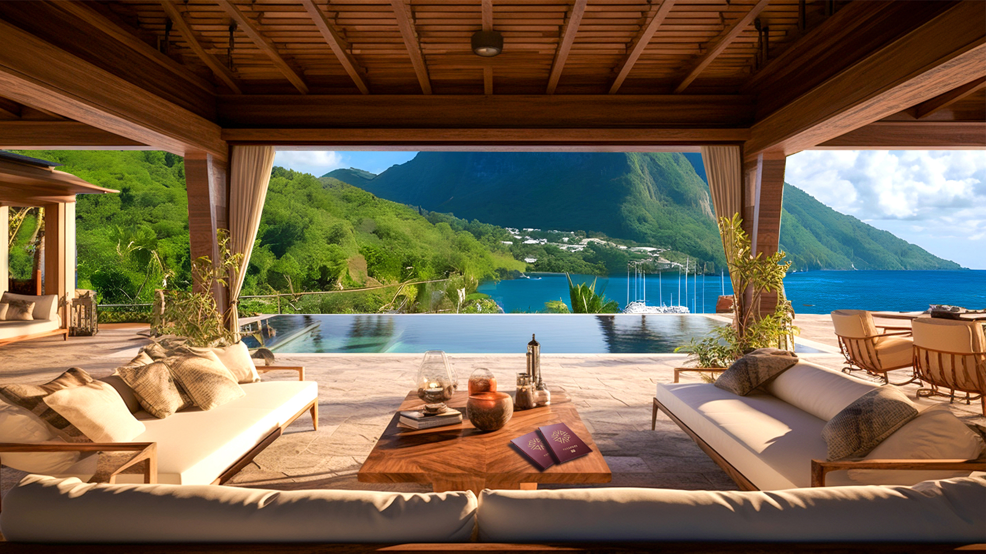 Luxury living in St. Lucia with a view of the Atlantic Ocean from a luxury hotel suite with Astons passports on the table