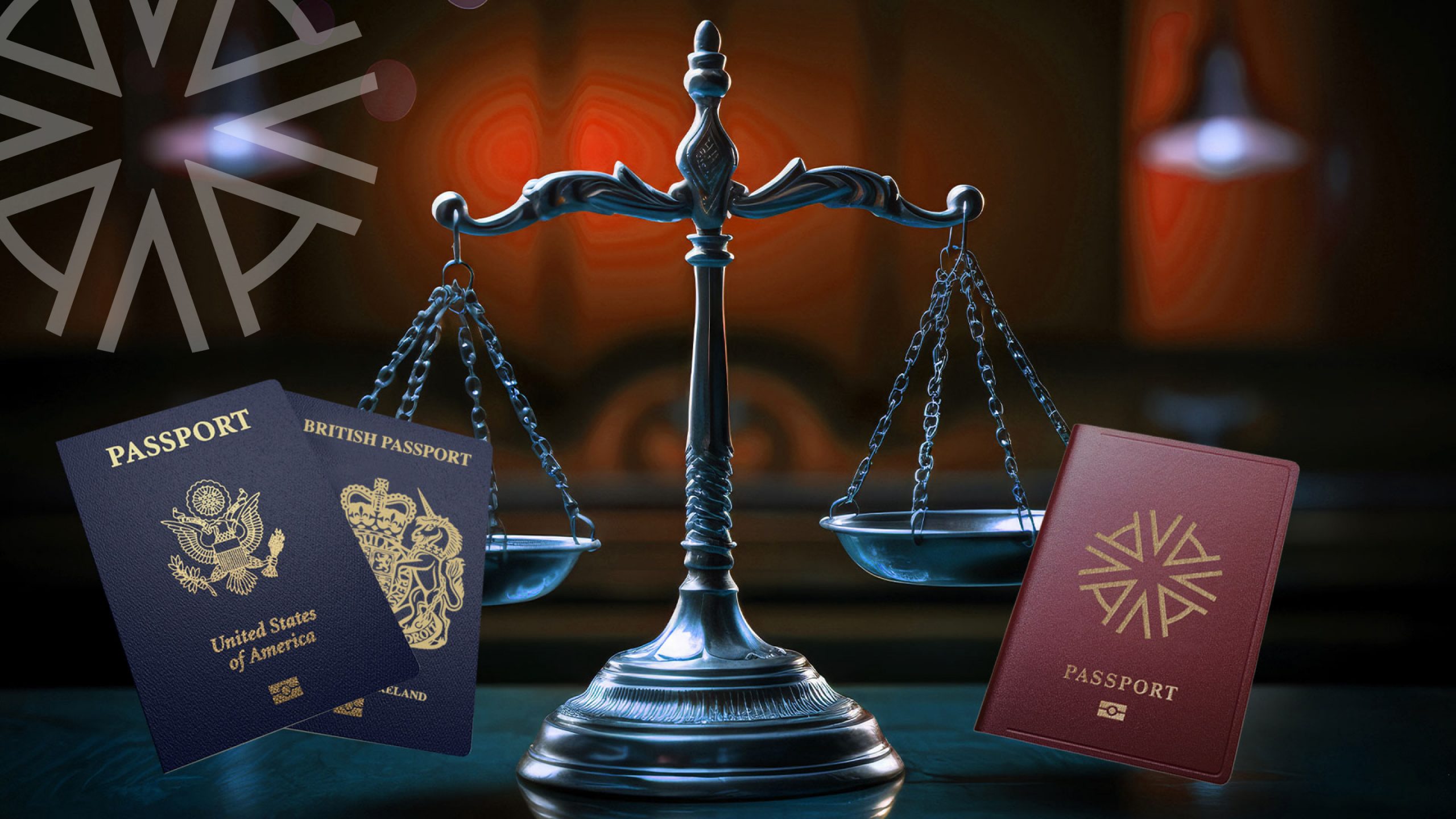 A US passport, a UK passport, and an Astons passport in front of a legal scale representing the decision of renunciation