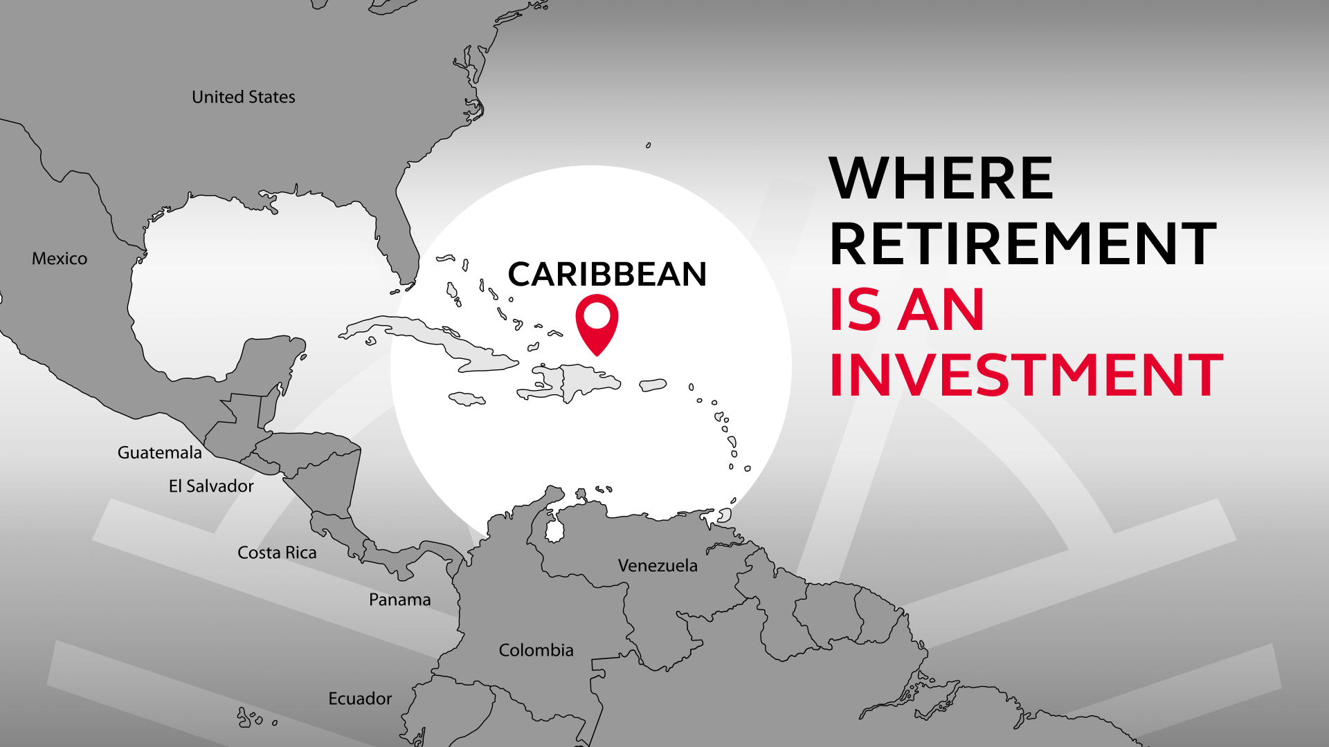 A gray and white map of showing Mexico and the Caribbean - highlighted with a red location icon - along with a retirement strategy title