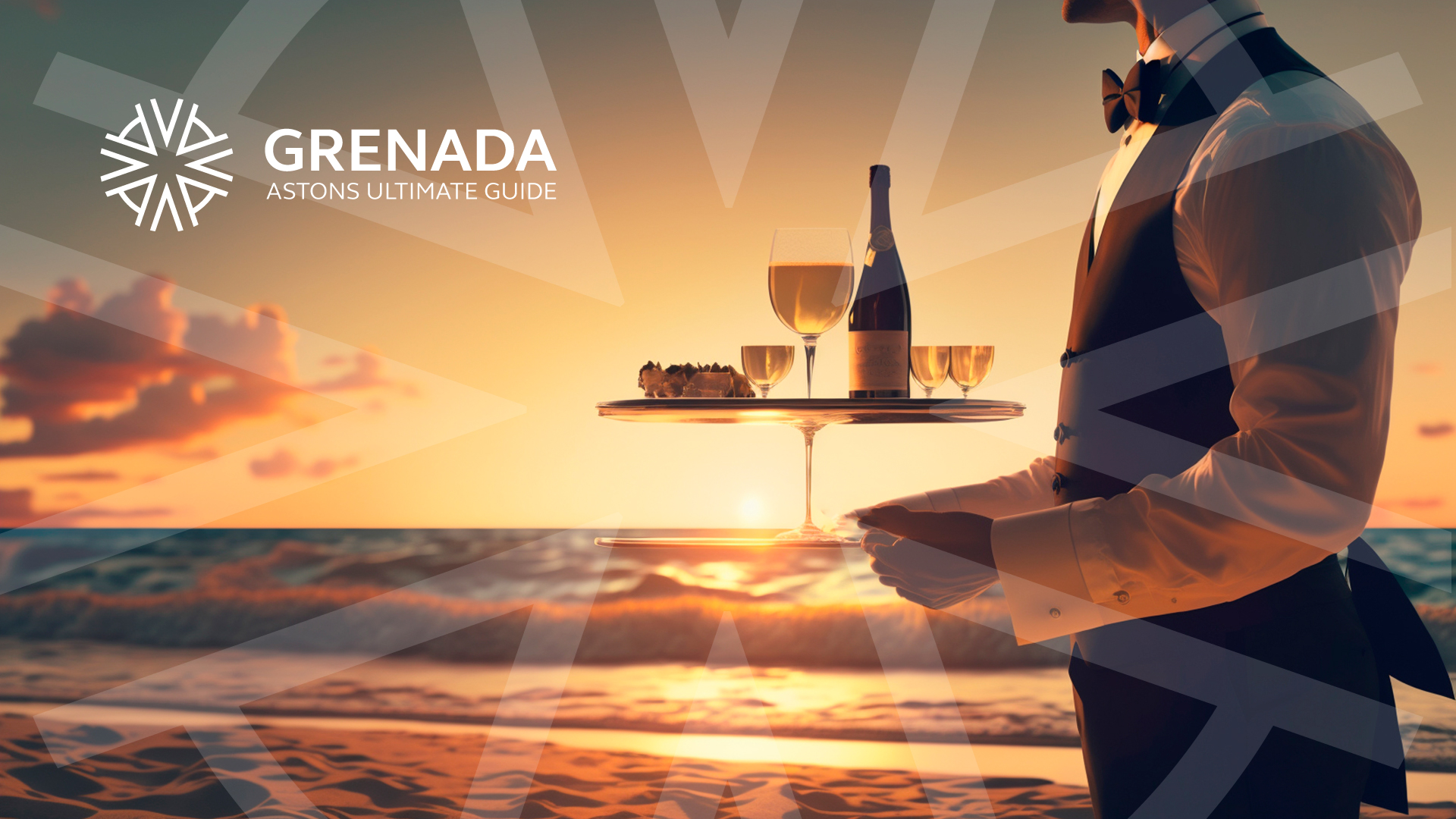 A luxurious image of a waiter with expensive champagne on a beach in Grenada with the setting sun in the background and the Astons logo projected as the rays of the sun