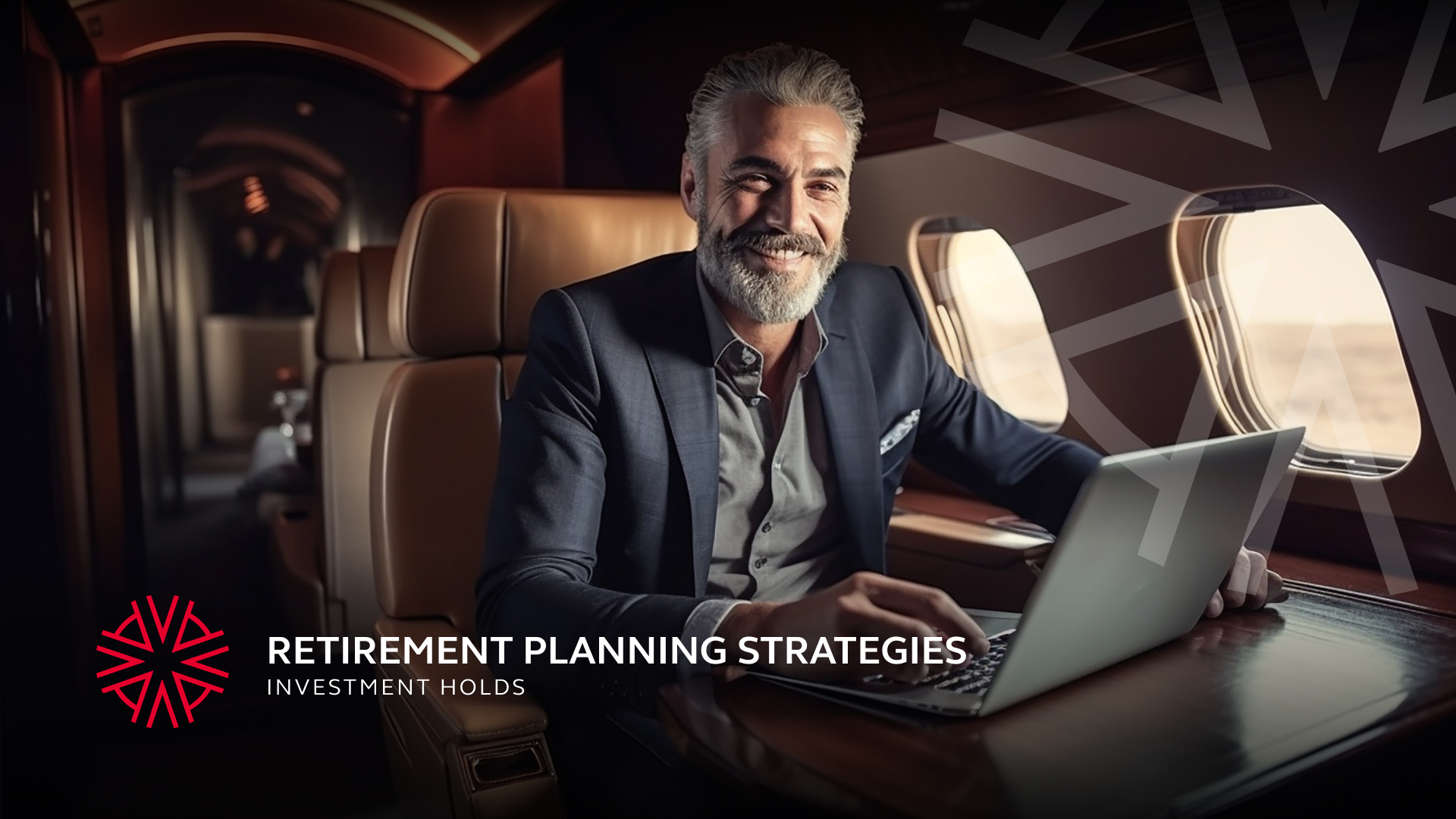 An older gentlemen on a private jet in front of his laptop working on his retirement planning goals