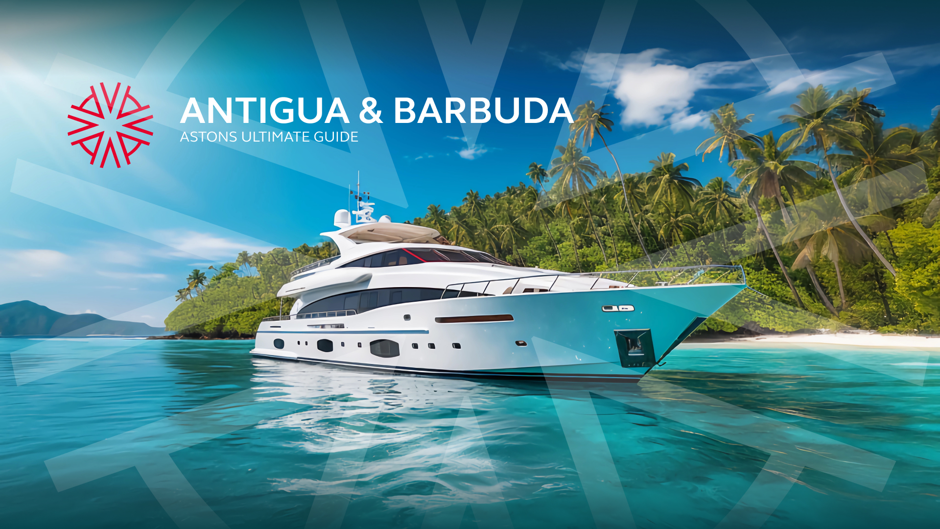 A white super-yacht docked off the coast of Antigua and Barbuda with the tropical rainforest in the background