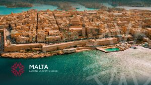 A drone image of Valletta, the capital city of Malta with the superyachts docked in Grand Harbour
