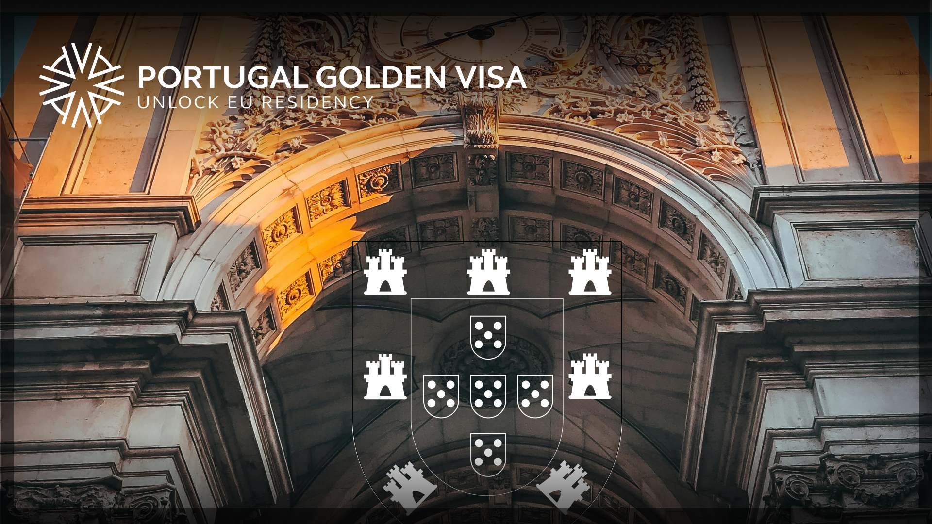 The facade of an iconic building in Portugal with the words Portugal Golden Visa and the national crest