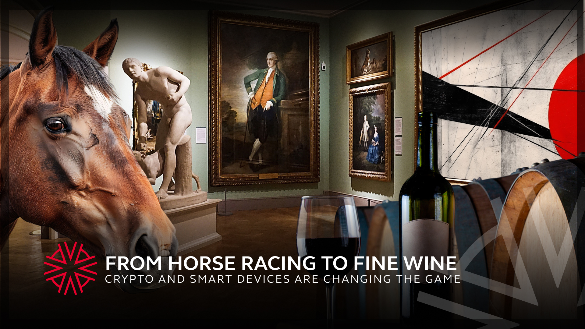 a collage of horse racing, fine wine, expensive artwork and using cryptocurrency to buy it