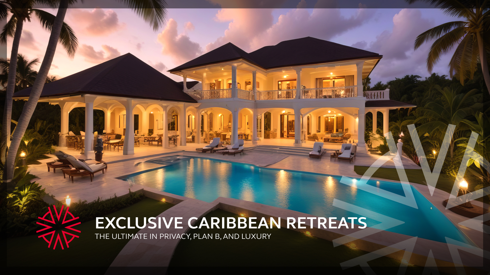 a luxury estate at an exclusive Caribbean retreat lit by moonlight and outdoor lighting