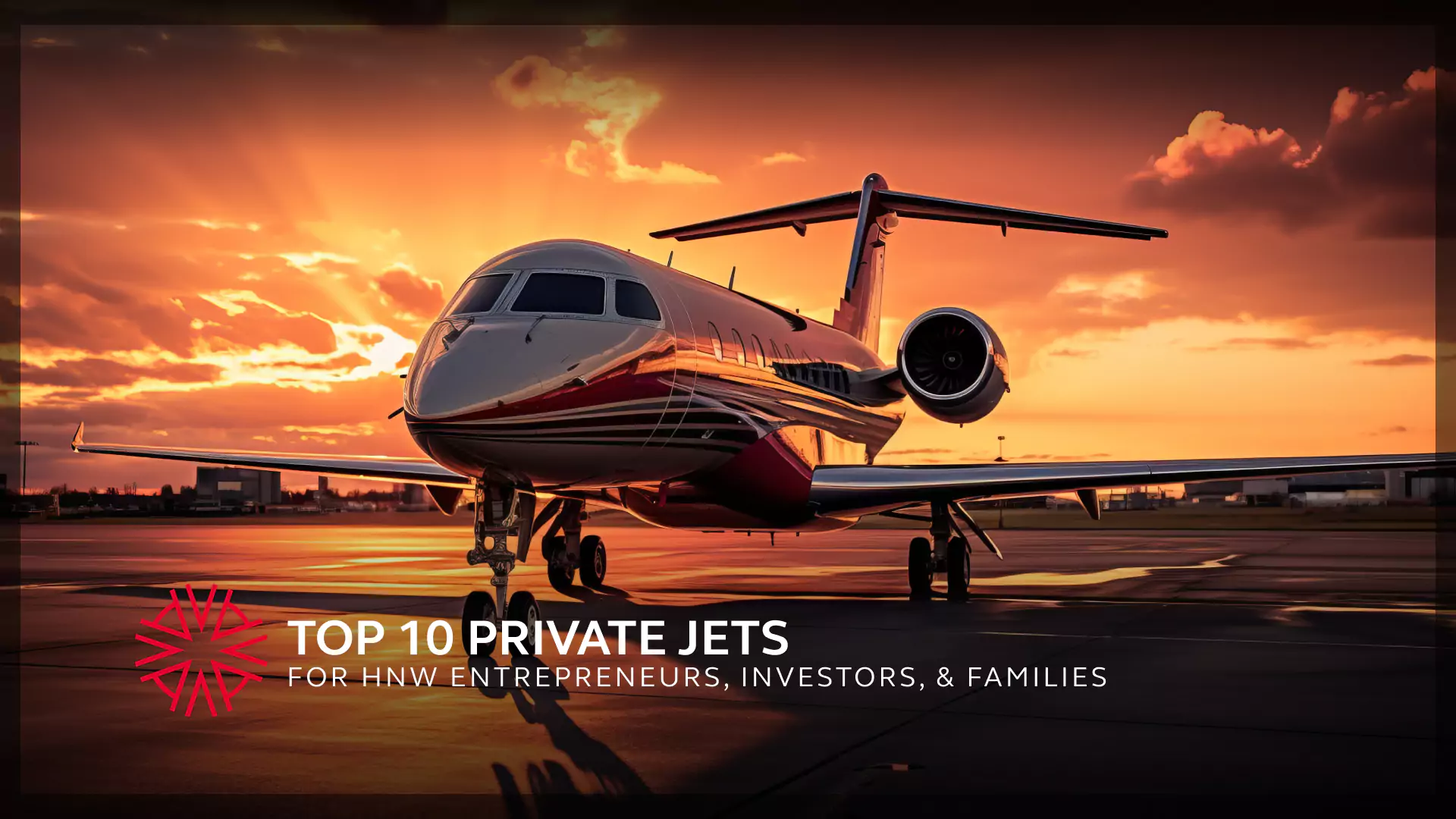 a private jet sitting on a runway with a sunset in the background